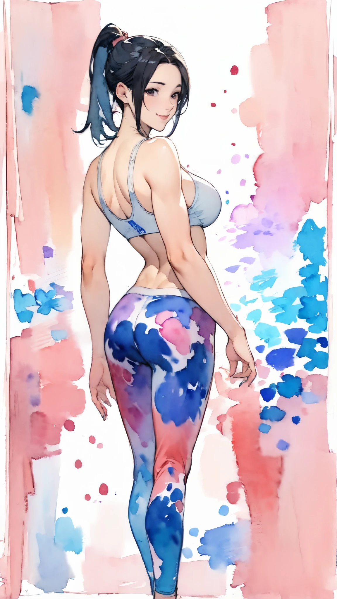 (masterpiece:1.2, Highest quality),(Very detailed),(((watercolor))),8K,wallpaper,(leggings),(Sports Bra),Gravure photoshoot,Middle-aged women,50 years old,Japanese women,Gorgeous whole body portrait,A lovely and delicate face,((muscular)),(Beautiful Muscles),(Black Hair),(((front))),(((whole body:1.5))),(smile),((Detailed hand drawing)),((Beautiful female hands)),(Big Breasts),(((Transparent watercolor:1.4))),(((Arching the back)))