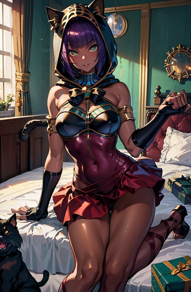 Masterpiece, best quality, absurdres, ((1girl)), , menat_holiday,  light smile, dark skin, Green eyes, egyptian, bob cut, red dress, (black hood), black gloves,(shiny thighs),, , bare shoulders,sexy thighs,beautiful hip line,((solo)),,evil smile,,,in bedroom,upskirt,cat pose,doggy style,parted lips,lip,