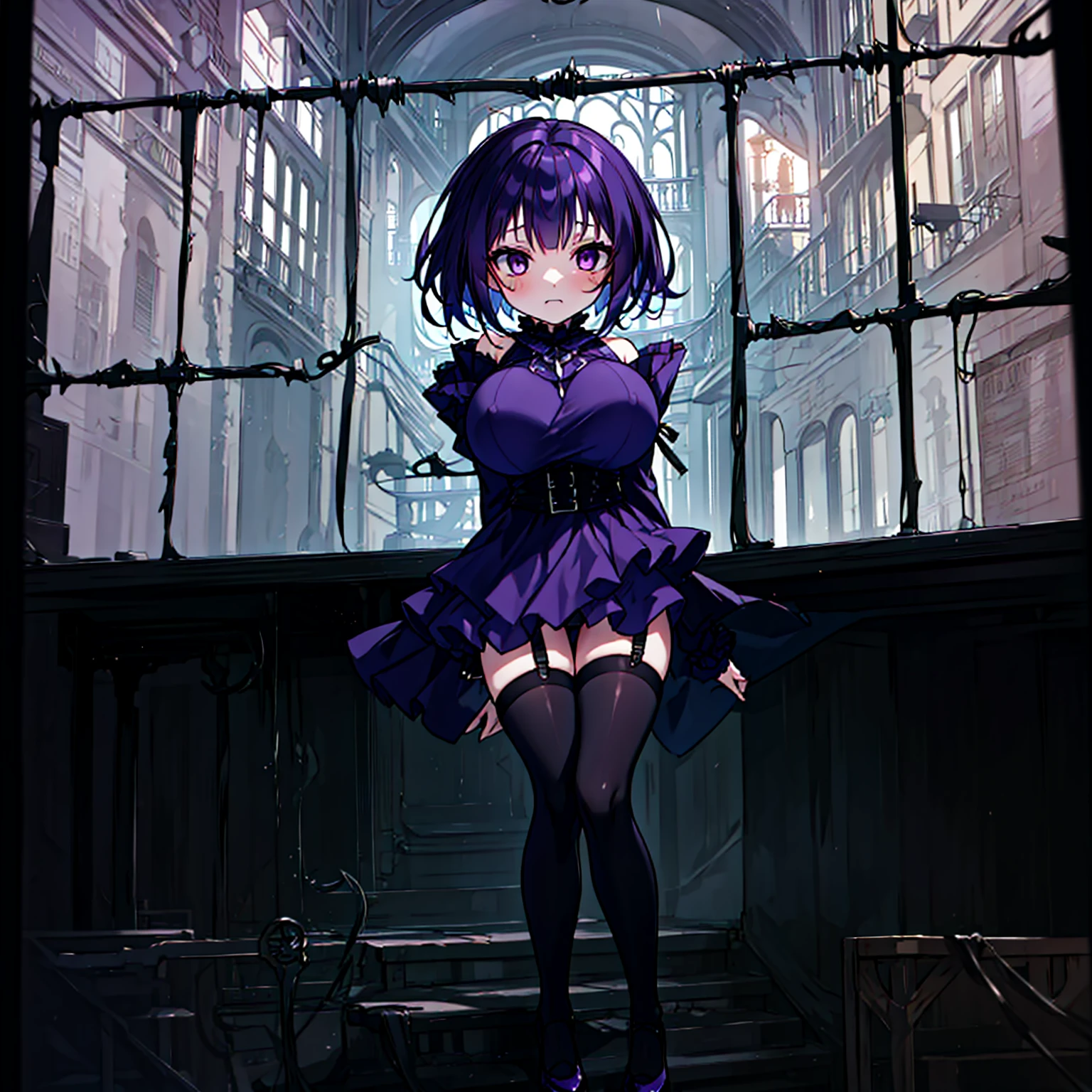 (solo), (1 skinny short girl:1.2), in the dark hall of mansion, (midnight), purple eyes over hair, Gothic Lolita, arms behind back, BREAK, (black short hair), (bursting huge breasts:1.2), (bouncing huge breasts:1.2), pale white skins, (skinny narrow waist), skinny legs, BREAK, (frilled layered black short dress), (frilled black cape), close chest, frilled long sleeve, show off thigh gap, (frilled black thighhighs:1.1), stiletto heels, BREAK, sad face, orgasm, coverd erectile nipples