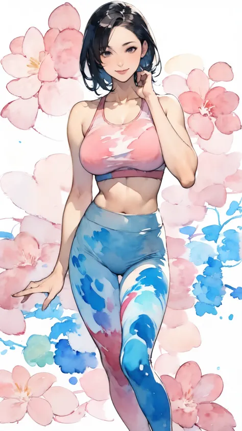 (masterpiece:1.2, Highest quality),(Very detailed),(((watercolor))),8K,wallpaper,(leggings),(Sports Bra),Gravure photoshoot,Middle-aged women,50 years old,Japanese women,ゴージャスなwhole bodyの肖像画,A lovely and delicate face,((Muscular)),(Beautiful Muscles),(Black Hair),(((front))),(((whole body:1.5))),(smile),((Detailed hand drawing)),((Beautiful female hands)),(Big Breasts),(((透明watercolor:1.4))),(((moonwalk)))