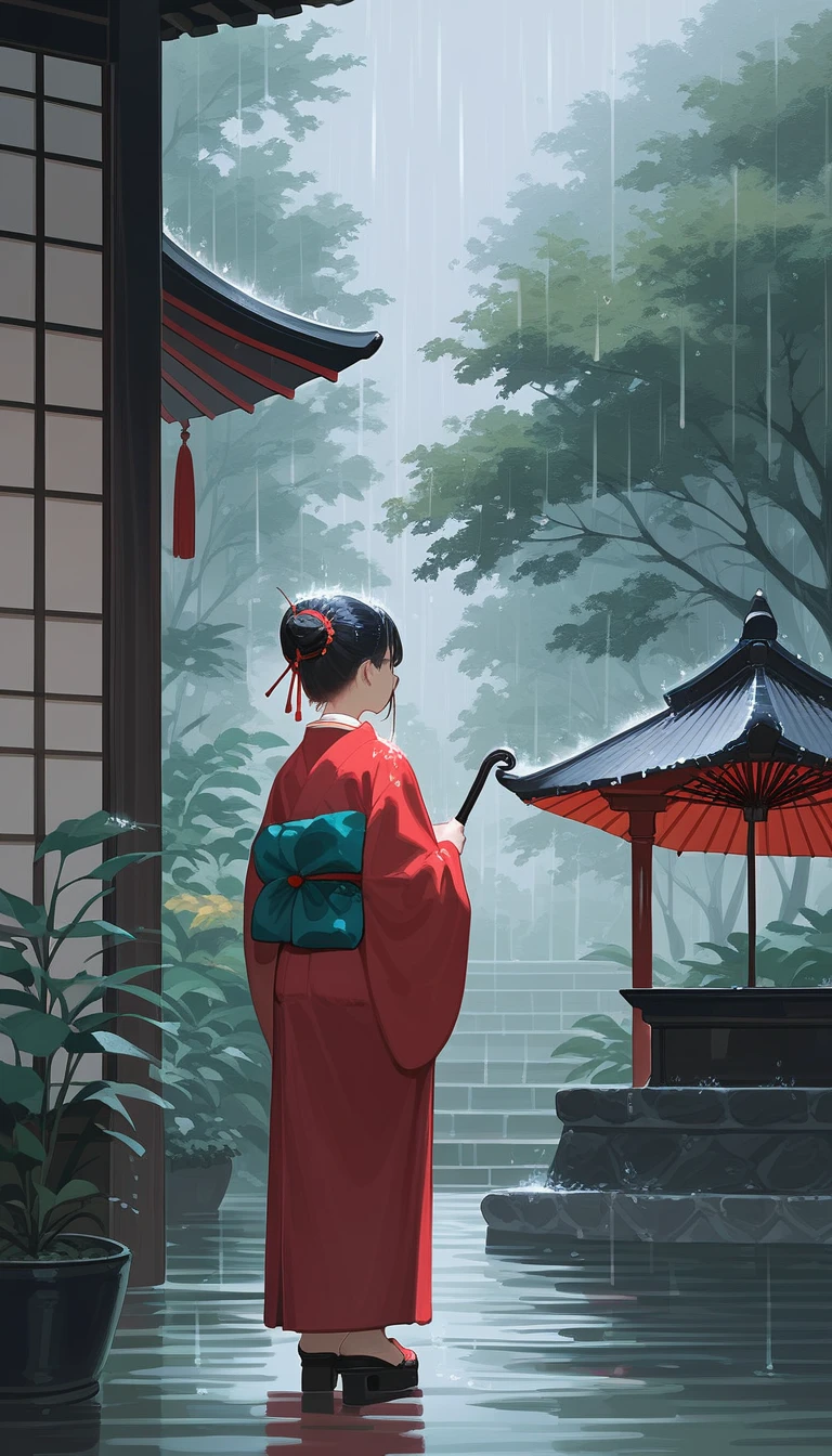 score_9, score_8_en haut, score_7_en haut, source_Anime, détaillé, 8k, angle cinématographique, note sûre, plan large, Une femme en kimono tenant un parapluie se dresse dans un jardin japonais sous la pluie. 