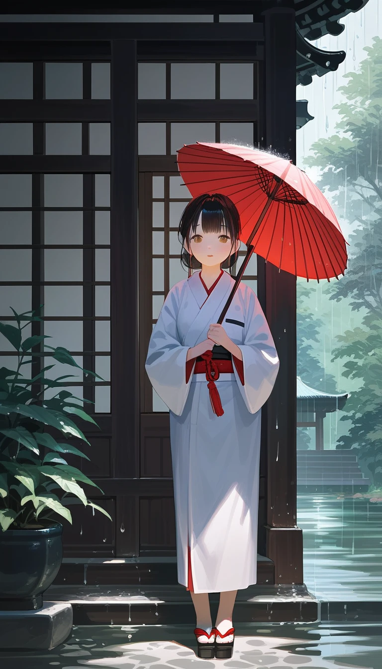 pontuação_9, pontuação_8_acima, pontuação_7_acima, fonte_anime, detalhado, 8K, ângulo cinematográfico, classificação segura, plano amplo, Uma mulher de quimono segurando um guarda-chuva fica em um jardim japonês na chuva. 
