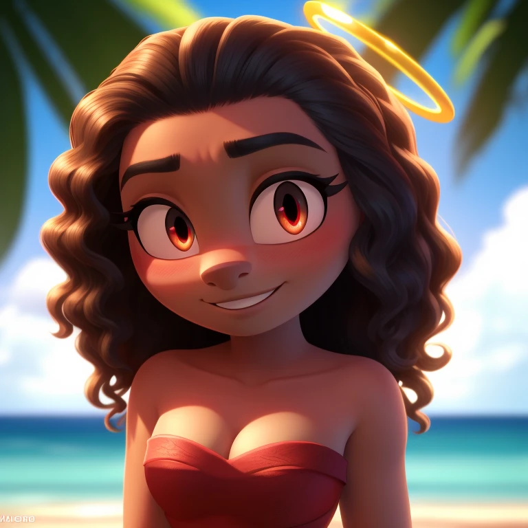 Moana, strapless tight dress, cleavage, curly hair, halo, sunglasses, jewelry, red eyes, longeyelashes, red eyes, smile, shy, blush, high detail, masterpiece, UHD, anatomically correct, super detail, highres, 4K