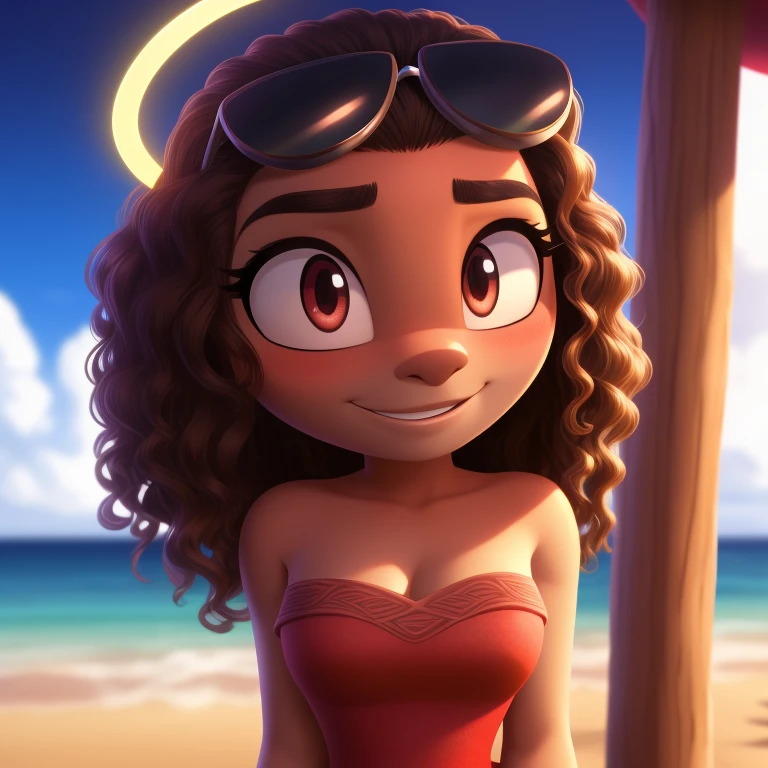 Moana, strapless tight dress, cleavage, curly hair, halo, sunglasses, jewelry, red eyes, longeyelashes, red eyes, smile, shy, blush, high detail, masterpiece, UHD, anatomically correct, super detail, highres, 4K