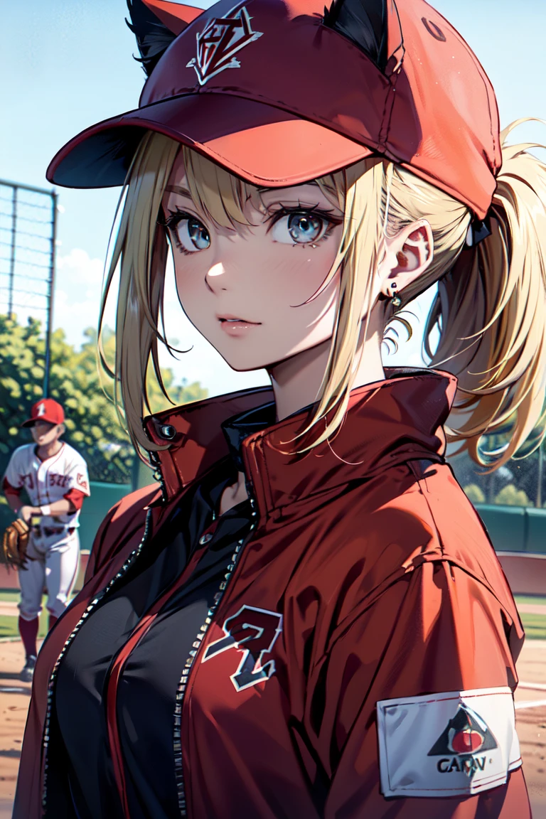 ((En el campo de béisbol con el gato.)),((orejas de gato)), ((Sin mangas)),((Gorra de béisbol roja vino)),((Vistiendo un uniforme de béisbol rojo vino.))、((chaqueta roja))、 pelo rubio, 短めcola de caballo, (pelo rubio, corto,cola de caballo), Pale blue eyes,boca cerrada、Aretes de aro, joyas,(mejor calidad, 8K, pintura al óleo, obra maestra:1.2), Súper detallado, (Realism, Él&#39;s fotorrealista:1.37), (((tiro de busto))),postura de orejas de conejo