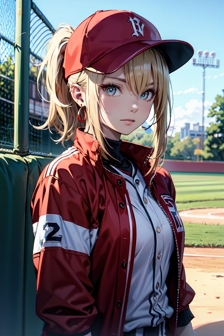 ((At the baseball field with the cat)),((Cat ears)), ((Sleeveless)),((Wine Red Baseball Cap)),((Wearing a wine red baseball uniform))、((Red jacket))、 Blonde Hair, 短めponytail, (Blonde Hair, short,ponytail), Pale blue eyes,Closed Mouth、Hoop Earrings, Jewelry,(Best Quality, 8k, Oil painting, Mastepiece:1.2), Super detailed, (Realism, It&#39;s photorealistic:1.37), (((Bust Shot))),bunny ears pose