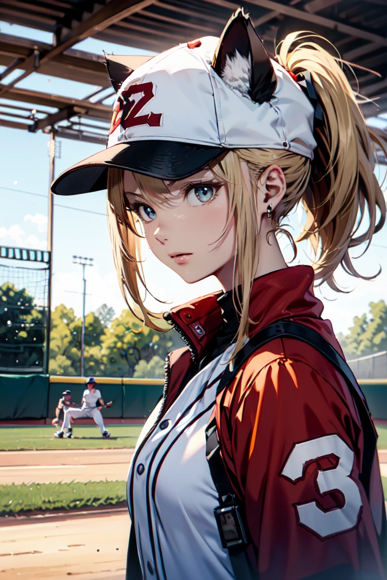 ((At the baseball field with the cat)),((Cat ears)), ((Sleeveless)),((Wine Red Baseball Cap)),((Wearing a wine red baseball uniform))、((Red jacket))、 Blonde Hair, 短めponytail, (Blonde Hair, short,ponytail), Pale blue eyes,Closed Mouth、Hoop Earrings, Jewelry,(Best Quality, 8k, Oil painting, Mastepiece:1.2), Super detailed, (Realism, It&#39;s photorealistic:1.37), (((Bust Shot))),bunny ears pose