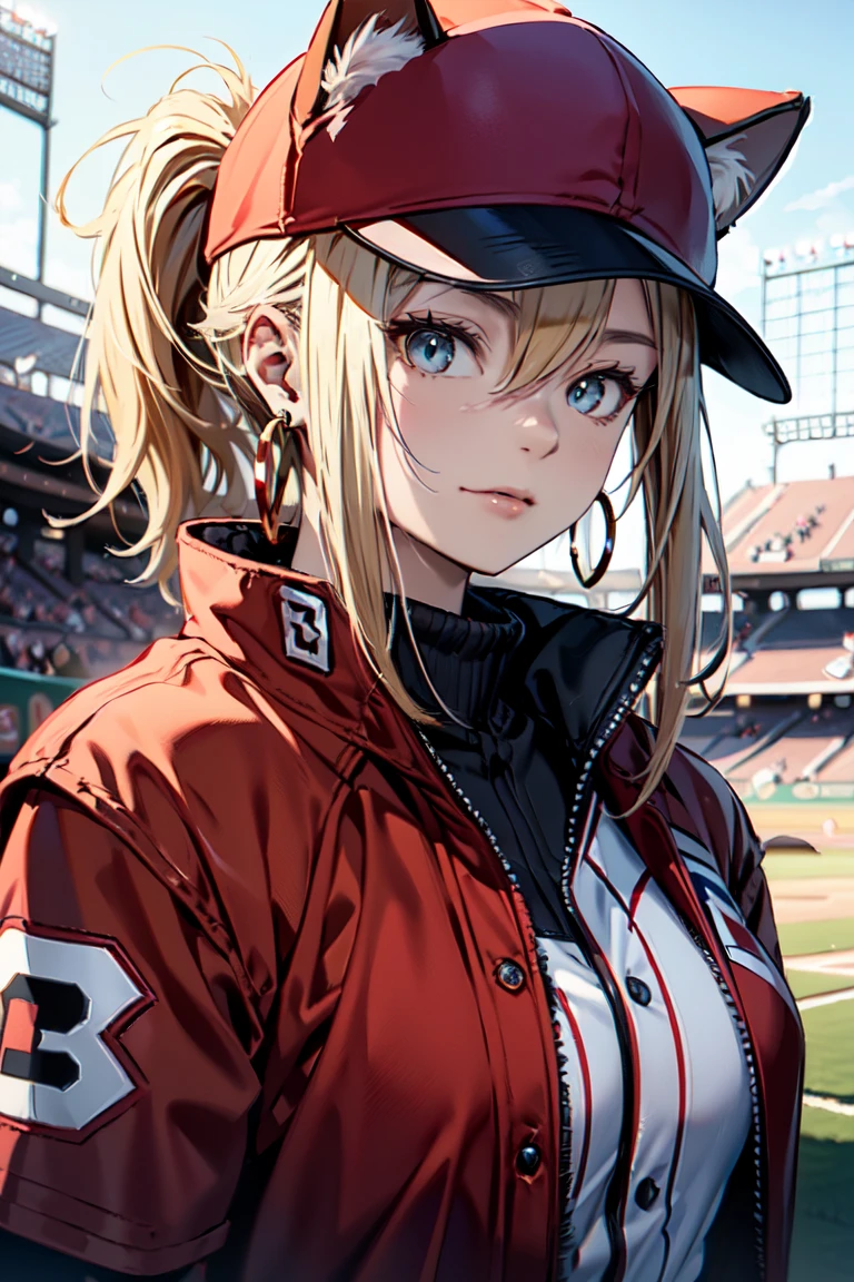 ((At the baseball field with the cat)),((Cat ears)), ((Sleeveless)),((Wine Red Baseball Cap)),((Wearing a wine red baseball uniform))、((Red jacket))、 Blonde Hair, 短めponytail, (Blonde Hair, short,ponytail), Pale blue eyes,Closed Mouth、Hoop Earrings, Jewelry,(Best Quality, 8k, Oil painting, Mastepiece:1.2), Super detailed, (Realism, It&#39;s photorealistic:1.37), (((Bust Shot))),bunny ears pose