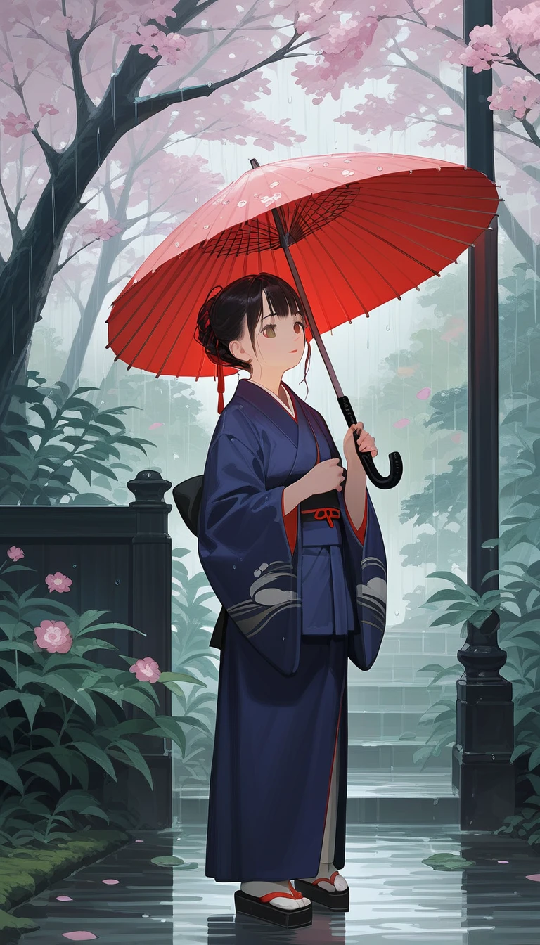 Punktzahl_9, Punktzahl_8_hoch, Punktzahl_7_hoch, Quelle_Anime-Serie, ausführlich, 8k, filmischer Blickwinkel, Bewertung sicher, Weitwinkelaufnahme, Eine Frau im Kimono mit Regenschirm steht in einem japanischen Garten im Regen. 