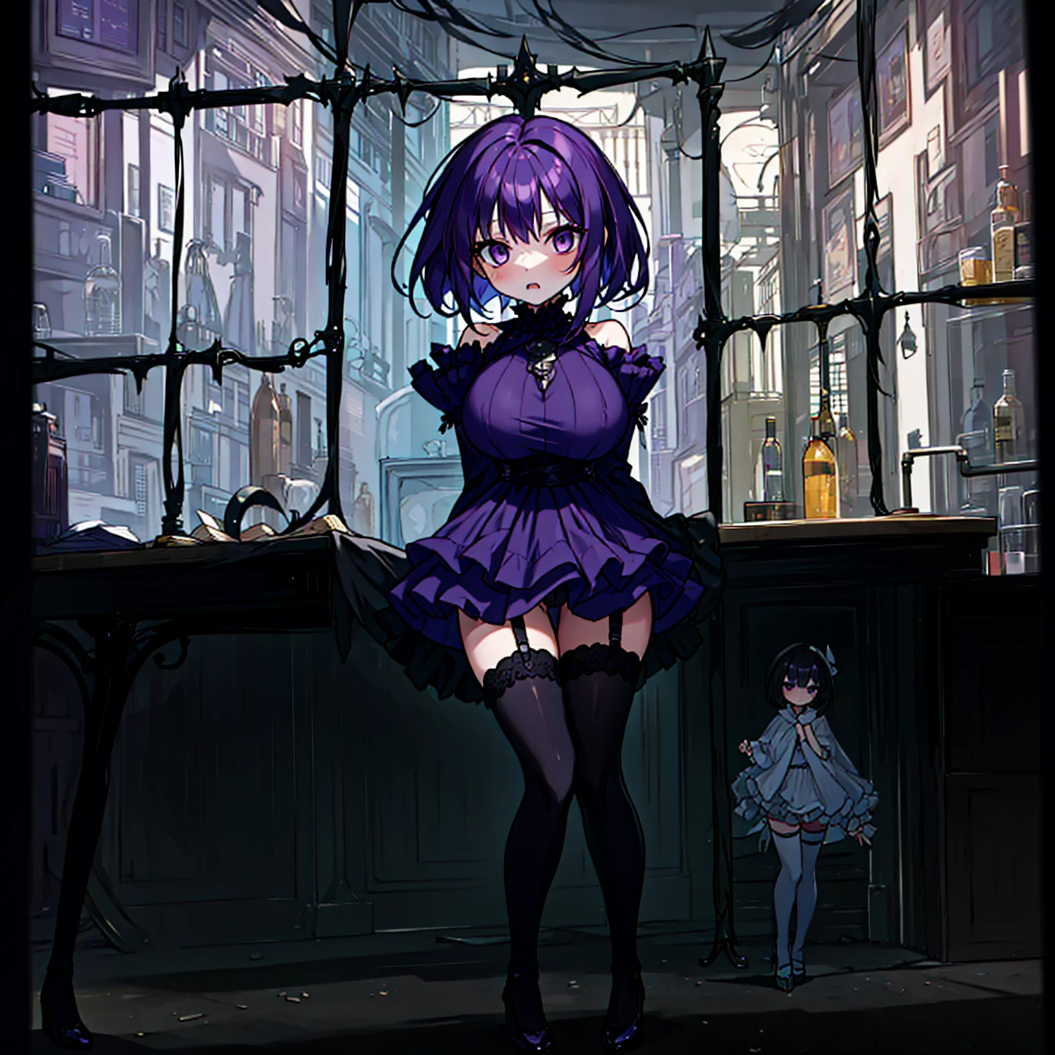 (solo), (1 skinny short girl:1.2), in the dark hall of mansion, (midnight), purple eyes over hair, Gothic Lolita, arms behind back, BREAK, (black short hair), (bursting huge breasts:1.2), (bouncing huge breasts:1.2), pale white skins, (skinny narrow waist), skinny legs, BREAK, (frilled layered black short dress), (frilled black cape), close chest, frilled long sleeve, show off thigh gap, (frilled black thighhighs:1.1), stiletto heels, BREAK, sad face, orgasm, coverd erectile nipples