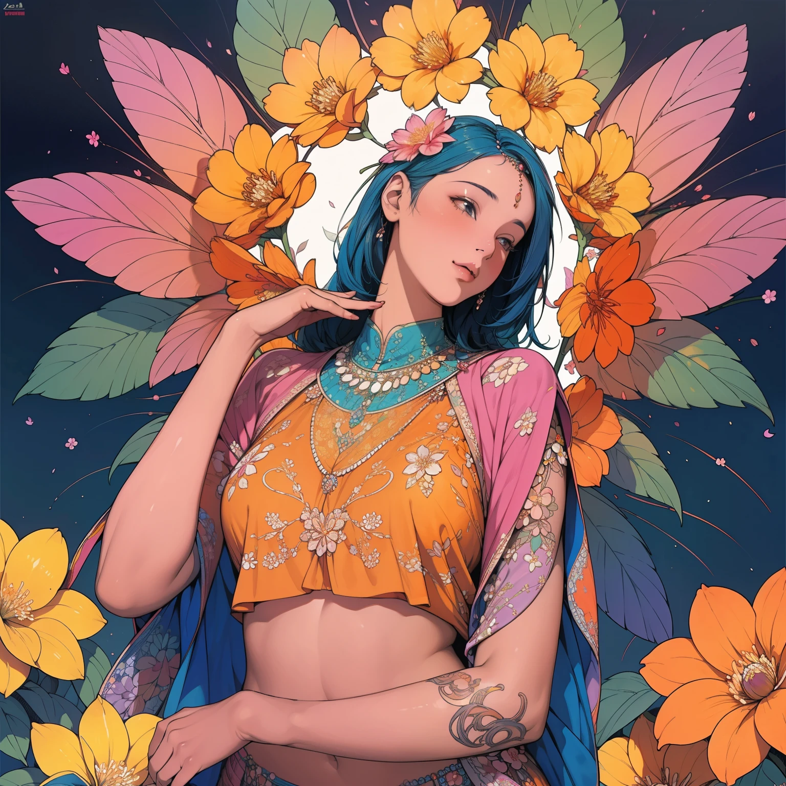 a beautiful indian girl surrounded by a single flower, highly detailed, vibrant and lively scene, emphasizing her upper body, masterpiece:1.2, high resolution, mathematical artwork, beautiful details:1.2, extremely detailed, colorful and dynamic scene, representing the beauty of fractal art:1.3, as complex and detailed as possible