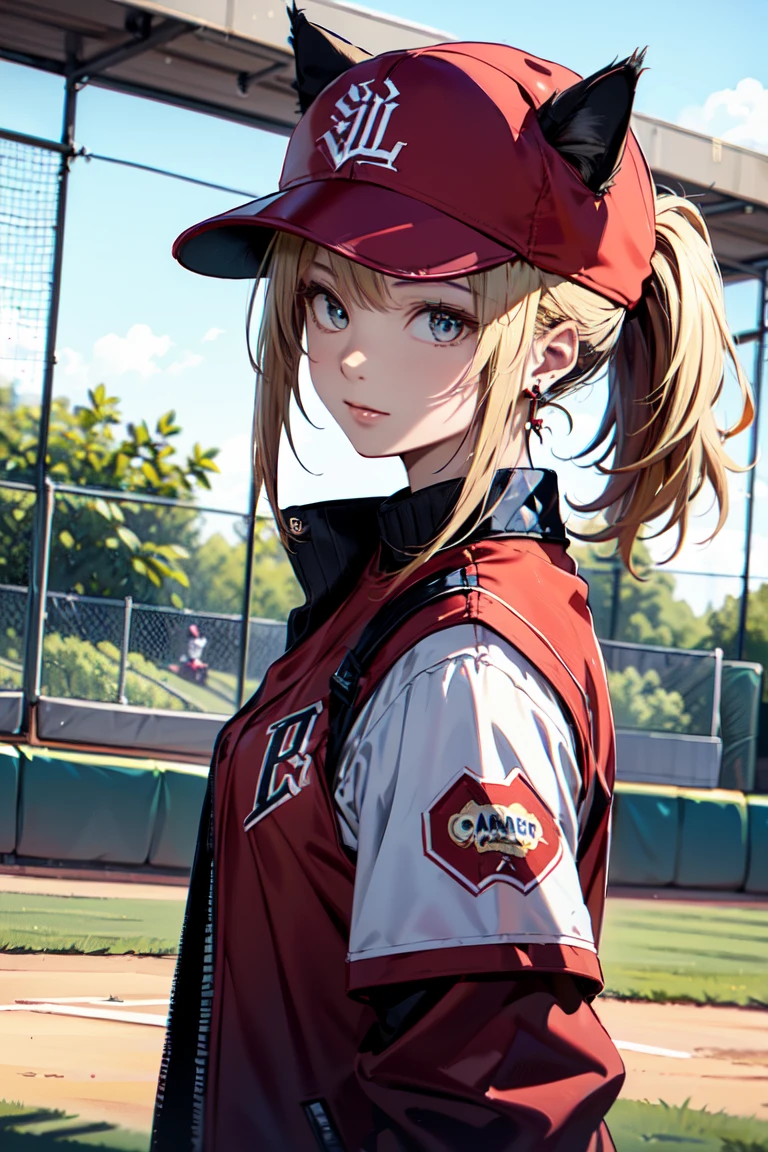 ((En el campo de béisbol con el gato.)),((orejas de gato)), ((Sin mangas)),((Gorra de béisbol roja vino)),((Vistiendo un uniforme de béisbol rojo vino.))、((chaqueta roja))、 pelo rubio, 短めcola de caballo, (pelo rubio, corto,cola de caballo), Pale blue eyes,boca cerrada、Aretes de aro, joyas,(mejor calidad, 8K, pintura al óleo, obra maestra:1.2), Súper detallado, (Realism, Él&#39;s fotorrealista:1.37), (((tiro de busto))), (pose de conejo:1.2)