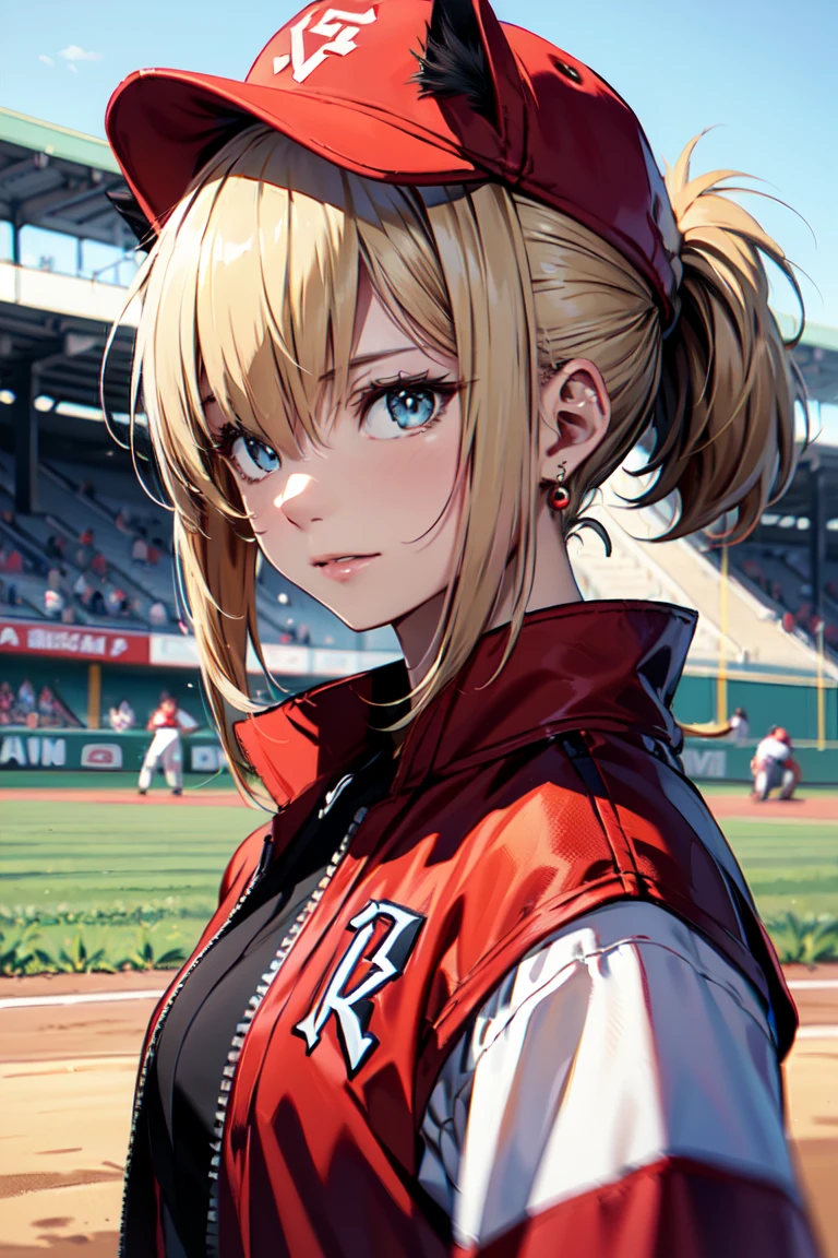 ((En el campo de béisbol con el gato.)),((orejas de gato)), ((Sin mangas)),((Gorra de béisbol roja vino)),((Vistiendo un uniforme de béisbol rojo vino.))、((chaqueta roja))、 pelo rubio, 短めcola de caballo, (pelo rubio, corto,cola de caballo), Pale blue eyes,boca cerrada、Aretes de aro, joyas,(mejor calidad, 8K, pintura al óleo, obra maestra:1.2), Súper detallado, (Realism, Él&#39;s fotorrealista:1.37), (((tiro de busto))), (pose de conejo:1.2)