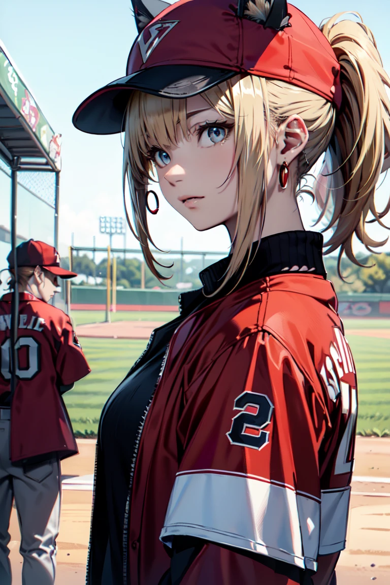 ((At the baseball field with the cat)),((Cat ears)), ((Sleeveless)),((Wine Red Baseball Cap)),((Wearing a wine red baseball uniform))、((Red jacket))、 Blonde Hair, 短めponytail, (Blonde Hair, short,ponytail), Pale blue eyes,Closed Mouth、Hoop Earrings, Jewelry,(Best Quality, 8k, Oil painting, Mastepiece:1.2), Super detailed, (Realism, It&#39;s photorealistic:1.37), (((Bust Shot))), (rabbit pose:1.2)