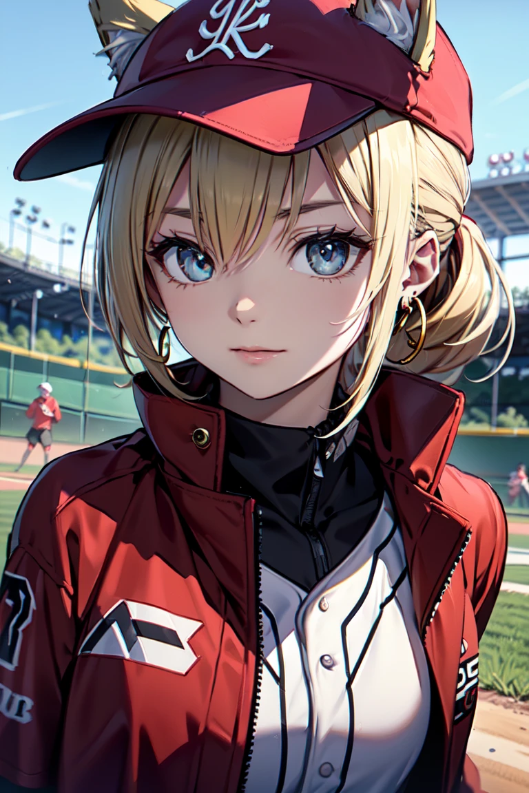 ((En el campo de béisbol con el gato.)),((orejas de gato)), ((Sin mangas)),((Gorra de béisbol roja vino)),((Vistiendo un uniforme de béisbol rojo vino.))、((chaqueta roja))、 pelo rubio, 短めcola de caballo, (pelo rubio, corto,cola de caballo), Pale blue eyes,boca cerrada、Aretes de aro, joyas,(mejor calidad, 8K, pintura al óleo, obra maestra:1.2), Súper detallado, (Realism, Él&#39;s fotorrealista:1.37), (((tiro de busto))), (pose de conejo:1.2)