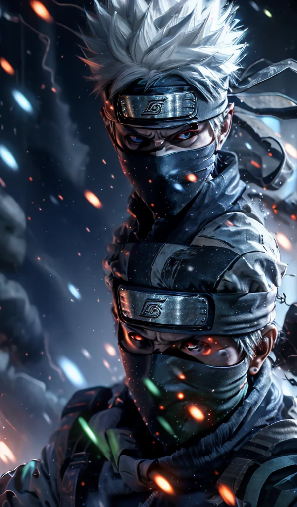 close-up detailed portrait of Kakashi Hatake from Naruto, hyper realistic, glowing  blue eyes,dramatic, gritty, intense expression, best quality, 8k, insane details, intricate details, hyperdetailed, high quality, masterpiece, mid shot, macro shot, holographic reality, holographic halo, motion blur, game light effect, rim light, soft light, movie rim light, delicate light, cyberpunk style, oil painting texture, full length shot, 3D artist, detailed, futuristic, lightning, 