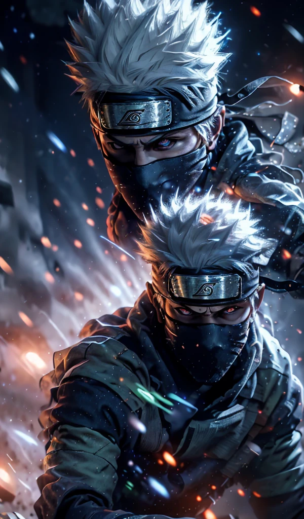 close-up detailed portrait of Kakashi Hatake from Naruto, hyper realistic, glowing  blue eyes,dramatic, gritty, intense expression, best quality, 8k, insane details, intricate details, hyperdetailed, high quality, masterpiece, mid shot, macro shot, holographic reality, holographic halo, motion blur, game light effect, rim light, soft light, movie rim light, delicate light, cyberpunk style, oil painting texture, full length shot, 3D artist, detailed, futuristic, lightning, 