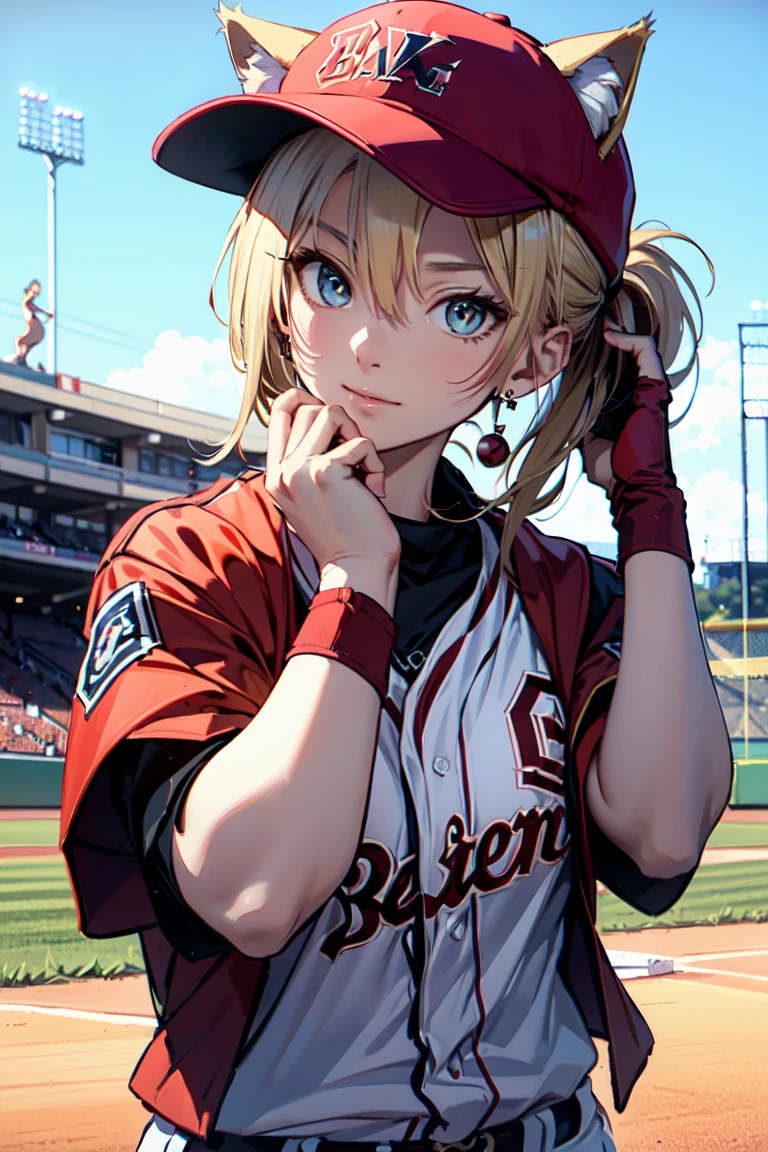  (rabbit pose:1.2),((At the baseball field with the cat)),((Cat ears)), ((Sleeveless)),((Wine Red Baseball Cap)),((Wearing a wine red baseball uniform))、((Red jacket))、 Blonde Hair, 短めponytail, (Blonde Hair, short,ponytail), Pale blue eyes,Closed Mouth、Hoop Earrings, Jewelry,(Best Quality, 8k, Oil painting, Mastepiece:1.2), Super detailed, (Realism, It&#39;s photorealistic:1.37), (((Bust Shot))