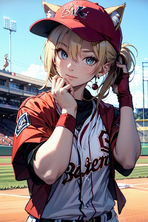  (rabbit pose:1.2),((At the baseball field with the cat)),((Cat ears)), ((Sleeveless)),((Wine Red Baseball Cap)),((Wearing a win...