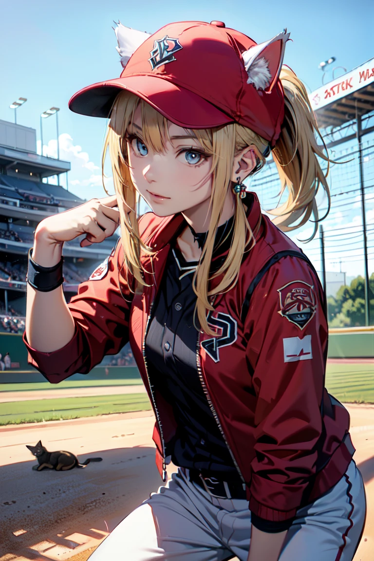  (pose de conejo:1.2),((En el campo de béisbol con el gato.)),((orejas de gato)), ((Sin mangas)),((Gorra de béisbol roja vino)),((Vistiendo un uniforme de béisbol rojo vino.))、((chaqueta roja))、 pelo rubio, 短めcola de caballo, (pelo rubio, corto,cola de caballo), Pale blue eyes,boca cerrada、Aretes de aro, joyas,(mejor calidad, 8K, pintura al óleo, obra maestra:1.2), Súper detallado, (Realism, Él&#39;s fotorrealista:1.37), (((tiro de busto))