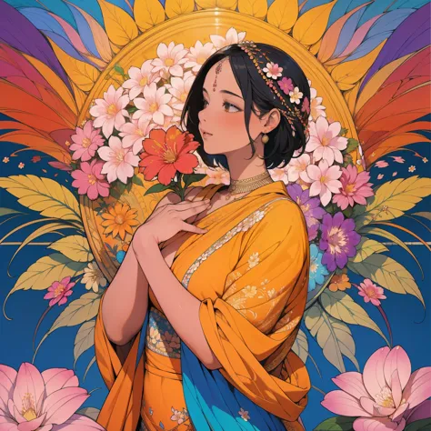 a beautiful indian girl surrounded by a single flower, highly detailed, vibrant and lively scene, emphasizing her upper body, masterpiece:1.2, high resolution, mathematical artwork, beautiful details:1.2, extremely detailed, colorful and dynamic scene, representing the beauty of fractal art:1.3, as complex and detailed as possible