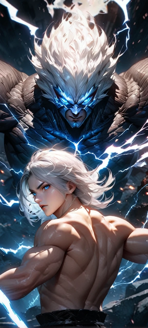  Far view,High quality, ultra realistic,absurdres, highres, ultra detailed, HDR, masterpiece, extremely detailed face and eyes, a cool topless fighter, cool posw, tekken, ,, cool white hair , solo, ,man, handsome, ,white eyeleshes, blue eyes ,explosive effect , ,black lightning  effect,glowing glitters ,  symetrical 