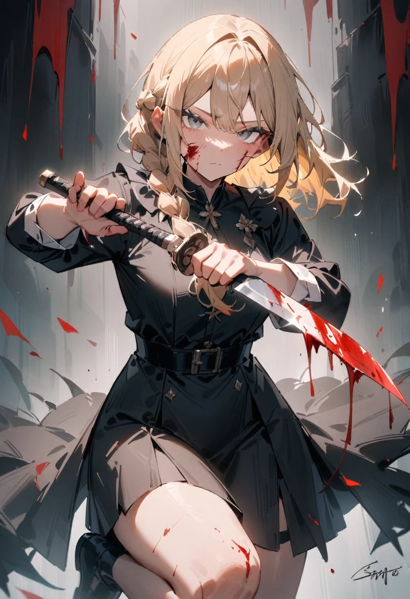 masterpiece, best quality, very aesthetic, absurdres, newest, 1girl, solo, solo, looking at viewer, blonde hair, holding, closed mouth, weapon, braid, male focus, signature, grey eyes, blood, knife, blood on face, holding knife