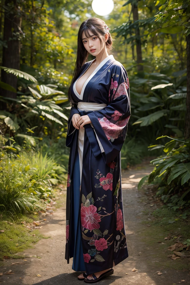 A seductive and mysterious girl with long dark hair, big breasts:1.0, slander body, dressed in traditional Japanese clothing, standing in a moonlit forest. The illustration is inspired by the character Ragawa Kiriko from the manga series "Akatsuki no Yona". The artwork is highly detailed and realistic, with intricate patterns on her kimono and soft lighting. Created by artist WLOP using digital painting techniques. (Concept art, 4k resolution)