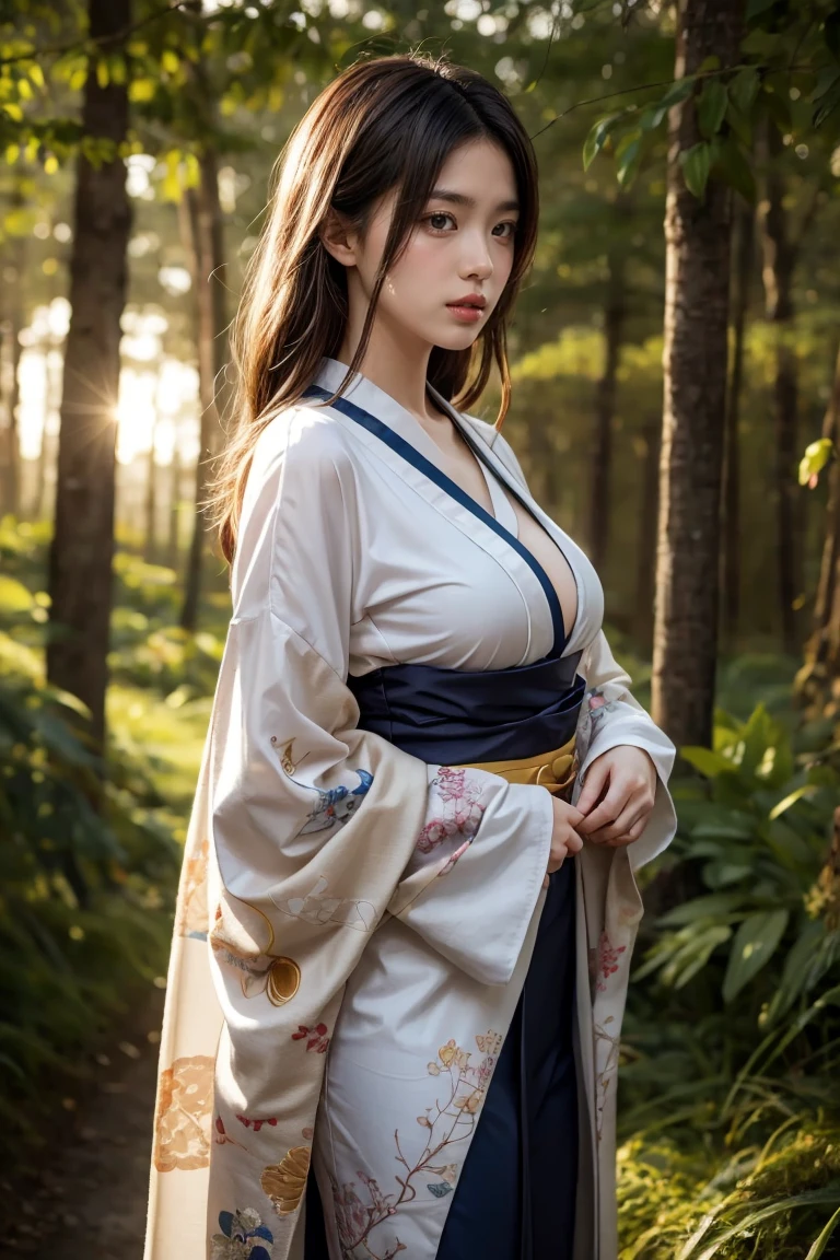 A seductive and mysterious girl with long dark hair, big breasts:0.8, slander body, dressed in traditional Japanese clothing, standing in a moonlit forest. The illustration is inspired by the character Ragawa Kiriko from the manga series "Akatsuki no Yona". The artwork is highly detailed and realistic, with intricate patterns on her kimono and soft lighting. Created by artist WLOP using digital painting techniques. (Concept art, 4k resolution)