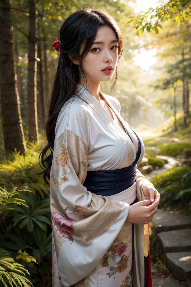 A seductive and mysterious girl with long dark hair, big breasts:0.8, slander body, dressed in traditional Japanese clothing, standing in a moonlit forest. The illustration is inspired by the character Ragawa Kiriko from the manga series "Akatsuki no Yona". The artwork is highly detailed and realistic, with intricate patterns on her kimono and soft lighting. Created by artist WLOP using digital painting techniques. (Concept art, 4k resolution)