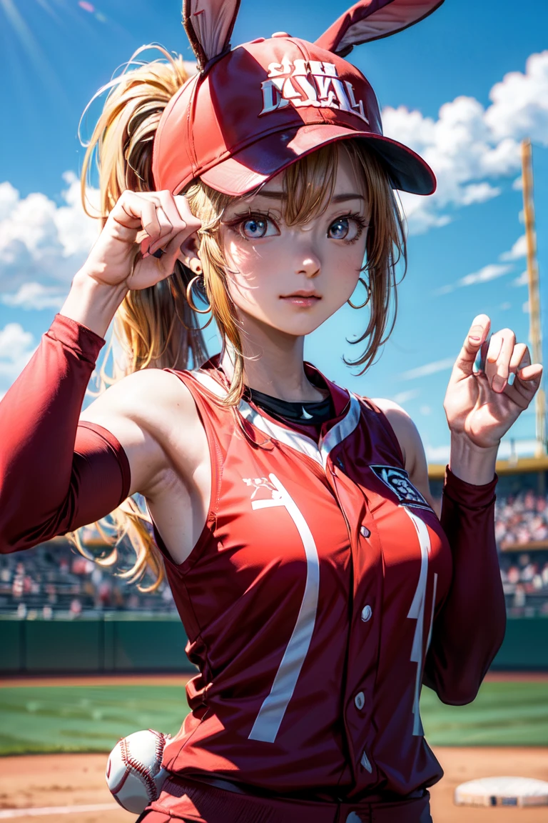  (pose de conejo:1.2),((En el campo de béisbol con el gato.)),((orejas de gato)), ((Sin mangas)),((Gorra de béisbol roja vino)),((Vistiendo un uniforme de béisbol rojo vino.))、((chaqueta roja))、 pelo rubio, 短めcola de caballo, (pelo rubio, corto,cola de caballo), Pale blue eyes,boca cerrada、Aretes de aro, joyas,(mejor calidad, 8K, pintura al óleo, obra maestra:1.2), Súper detallado, (Realism, Él&#39;s fotorrealista:1.37), (((tiro de busto))