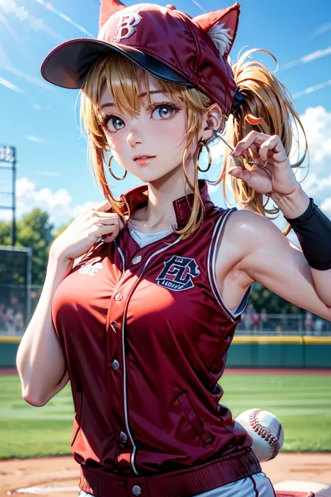  (rabbit pose:1.2),((At the baseball field with the cat)),((Cat ears)), ((Sleeveless)),((Wine Red Baseball Cap)),((Wearing a win...