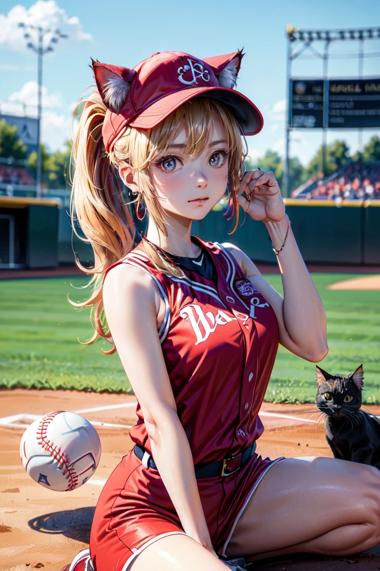  (rabbit pose:1.2),((At the baseball field with the cat)),((Cat ears)), ((Sleeveless)),((Wine Red Baseball Cap)),((Wearing a wine red baseball uniform))、((Red jacket))、 Blonde Hair, 短めponytail, (Blonde Hair, short,ponytail), Pale blue eyes,Closed Mouth、Hoop Earrings, Jewelry,(Best Quality, 8k, Oil painting, Mastepiece:1.2), Super detailed, (Realism, It&#39;s photorealistic:1.37), (((Bust Shot))