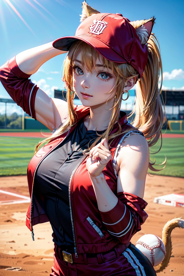  (rabbit pose:1.2),((At the baseball field with the cat)),((Cat ears)), ((Sleeveless)),((Wine Red Baseball Cap)),((Wearing a wine red baseball uniform))、((Red jacket))、 Blonde Hair, 短めponytail, (Blonde Hair, short,ponytail), Pale blue eyes,Closed Mouth、Hoop Earrings, Jewelry,(Best Quality, 8k, Oil painting, Mastepiece:1.2), Super detailed, (Realism, It&#39;s photorealistic:1.37), (((Bust Shot))