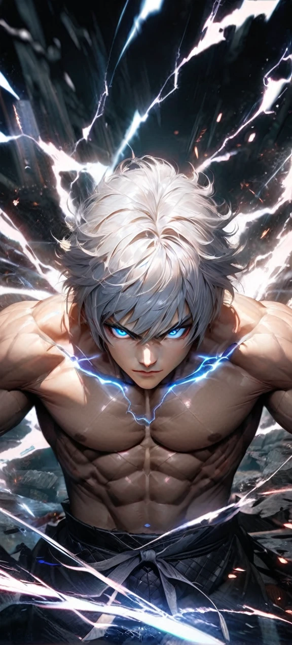  Far view,High quality, ultra realistic,absurdres, highres, ultra detailed, HDR, masterpiece, extremely detailed face and eyes, a cool topless fighter, cool posw, tekken, ,, cool white hair , solo, ,man, handsome, ,white eyeleshes, blue eyes ,explosive effect , ,black lightning  effect,glowing glitters ,  symetrical 