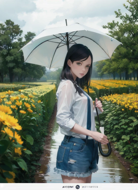 1girl, Stoya
standing, water drop, rain, Cinematic lighting,Flower fields,
hand holding umbrella
 