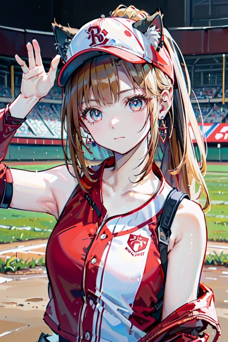  (pose de conejo:1.2),((En el campo de béisbol con el gato.)),((orejas de gato)), ((Sin mangas)),((Gorra de béisbol roja vino)),((Vistiendo un uniforme de béisbol rojo vino.))、((chaqueta roja))、 pelo rubio, 短めcola de caballo, (pelo rubio, corto,cola de caballo), Pale blue eyes,boca cerrada、Aretes de aro, joyas,(mejor calidad, 8K, pintura al óleo, obra maestra:1.2), 