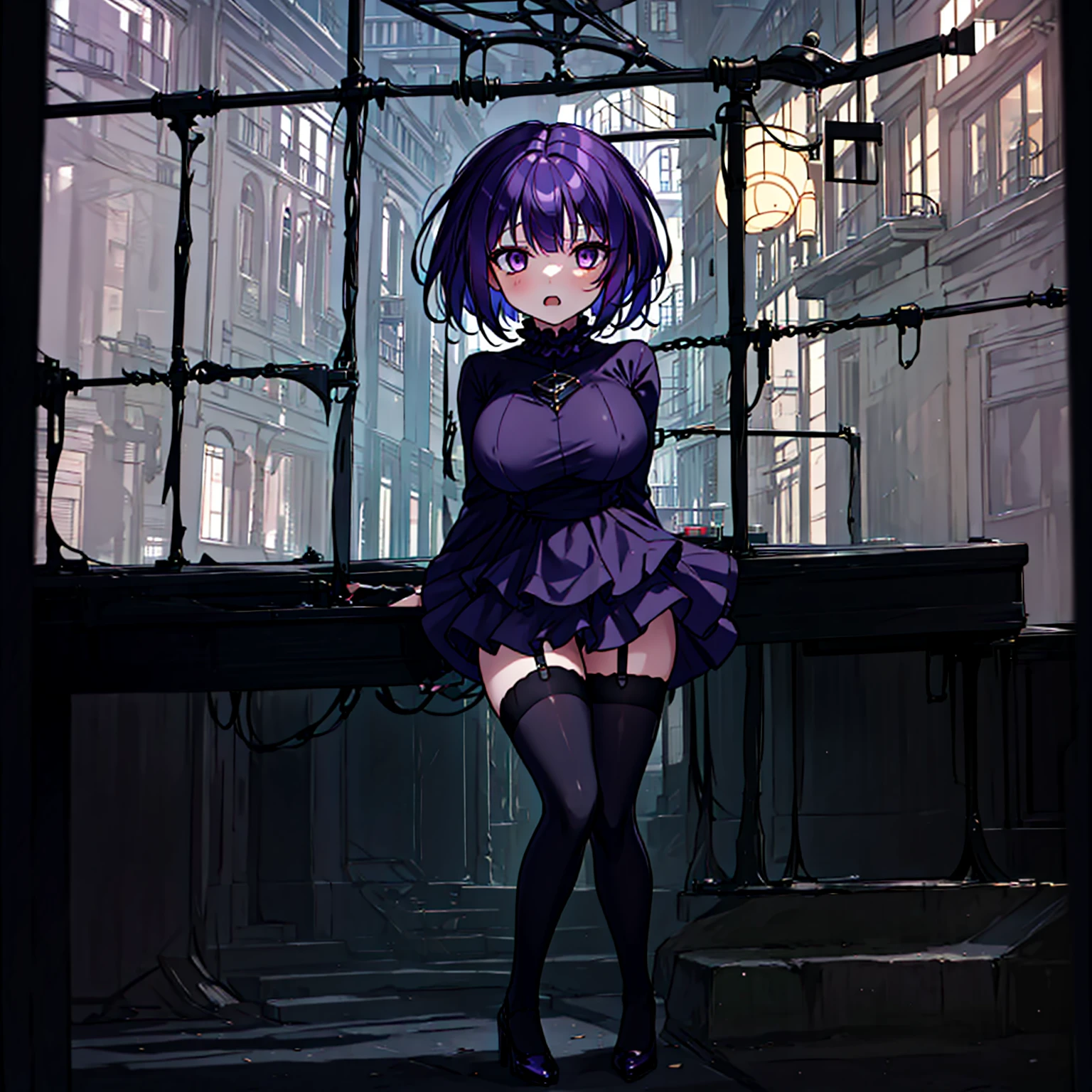 (solo), (1 skinny short girl:1.2), in the dark hall of mansion, (midnight), purple eyes over hair, Gothic Lolita, arms behind back, BREAK, (black short hair), (bursting huge breasts:1.2), (bouncing huge breasts:1.2), pale white skins, (skinny narrow waist), skinny legs, BREAK, (frilled layered black short dress), (frilled black cape), close chest, frilled long sleeve, show off thigh gap, (frilled black thighhighs:1.1), stiletto heels, BREAK, sad face, orgasm, coverd erectile nipples