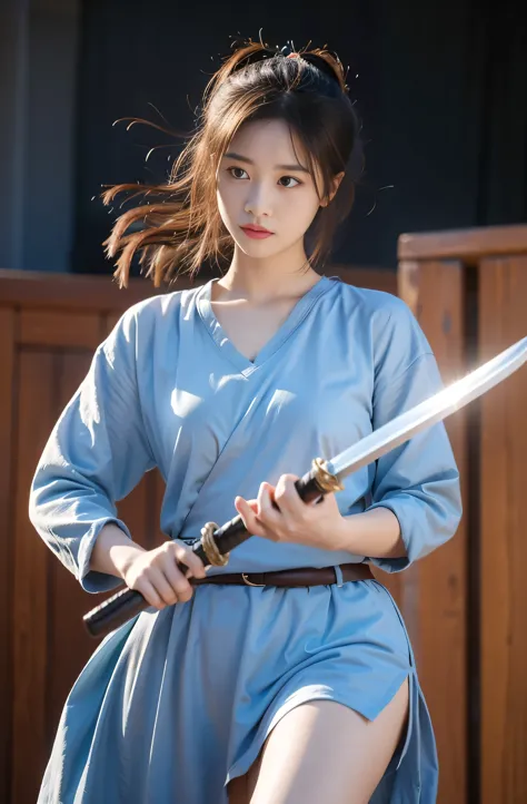 1 girl,looking at the audience, focus alone, practical, holding a sword