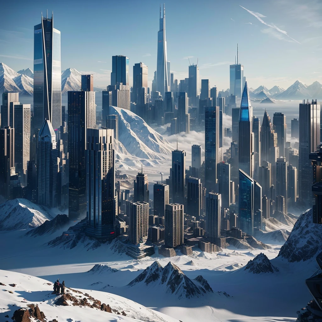 Skyscrapers are lined up，100 times the height of the building，Huge glacial mountain，Tall skyscrapers，Different world，ＳＦ，cyber punk，Best Quality，8K，Future City，Masterpiece，Dream world，夢のFuture City，romantic，perfection，A world beyond imagination，Utopia，Great Heaven