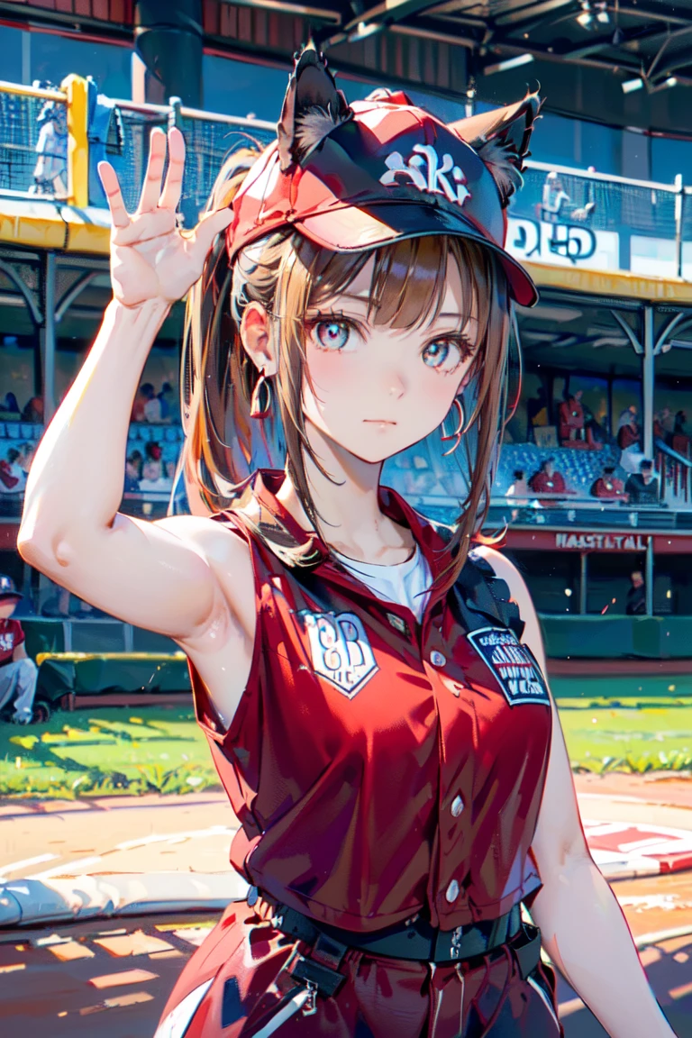  (rabbit pose:1.2),((At the baseball field with the cat)),((Cat ears)), ((Sleeveless)),((Wine Red Baseball Cap)),((Wearing a wine red baseball uniform))、((Red jacket))、 Blonde Hair, 短めponytail, (Blonde Hair, short,ponytail), Pale blue eyes,Closed Mouth、Hoop Earrings, Jewelry,(Best Quality, 8k, Oil painting, Mastepiece:1.2), 