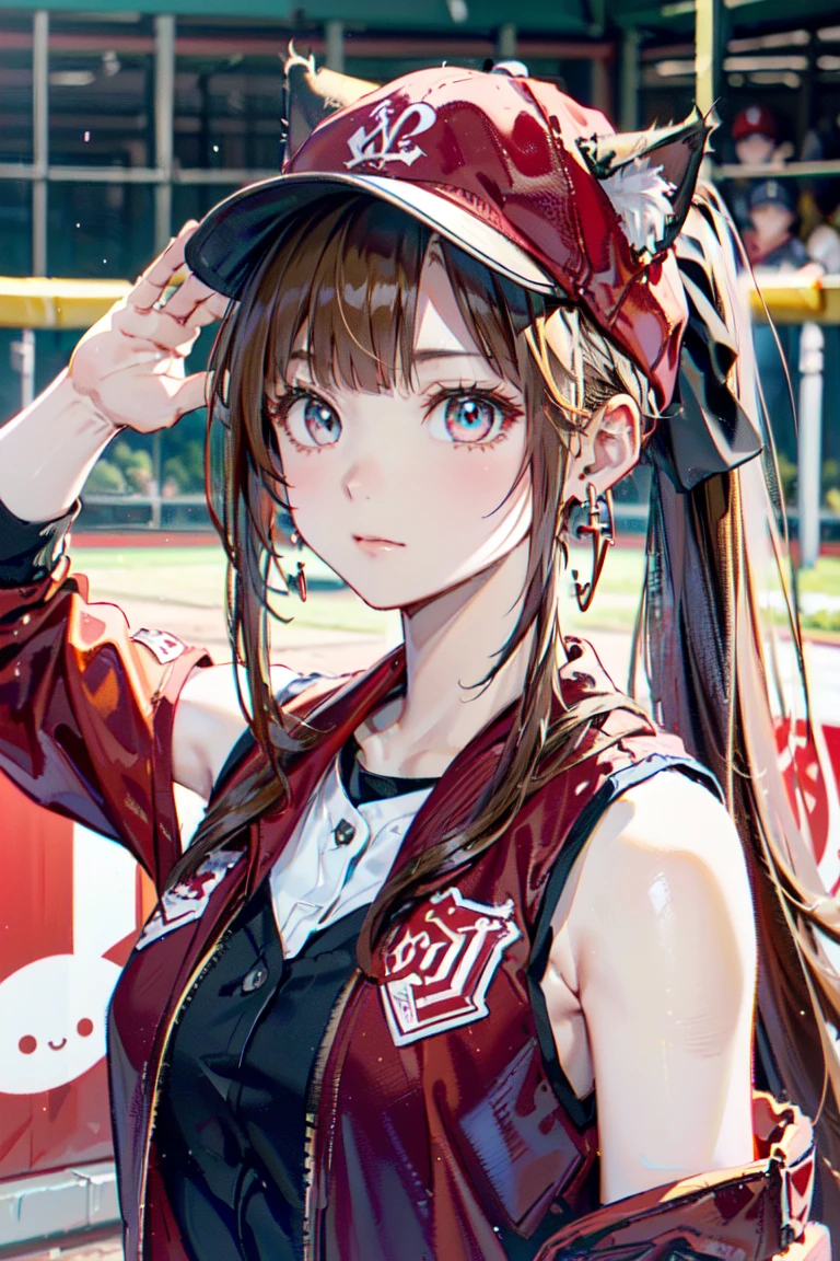  (rabbit pose:1.2),((At the baseball field with the cat)),((Cat ears)), ((Sleeveless)),((Wine Red Baseball Cap)),((Wearing a wine red baseball uniform))、((Red jacket))、 Blonde Hair, 短めponytail, (Blonde Hair, short,ponytail), Pale blue eyes,Closed Mouth、Hoop Earrings, Jewelry,(Best Quality, 8k, Oil painting, Mastepiece:1.2), 