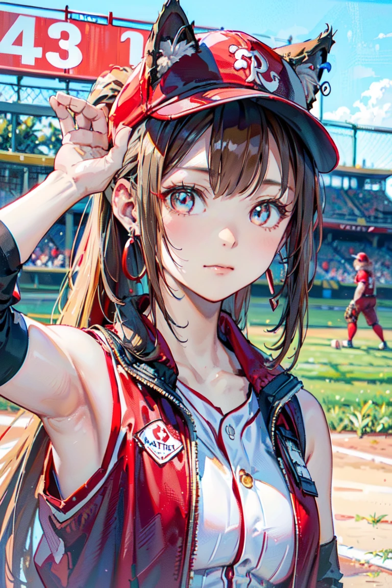  (pose de conejo:1.2),((En el campo de béisbol con el gato.)),((orejas de gato)), ((Sin mangas)),((Gorra de béisbol roja vino)),((Vistiendo un uniforme de béisbol rojo vino.))、((chaqueta roja))、 pelo rubio, 短めcola de caballo, (pelo rubio, corto,cola de caballo), Pale blue eyes,boca cerrada、Aretes de aro, joyas,(mejor calidad, 8K, pintura al óleo, obra maestra:1.2), 