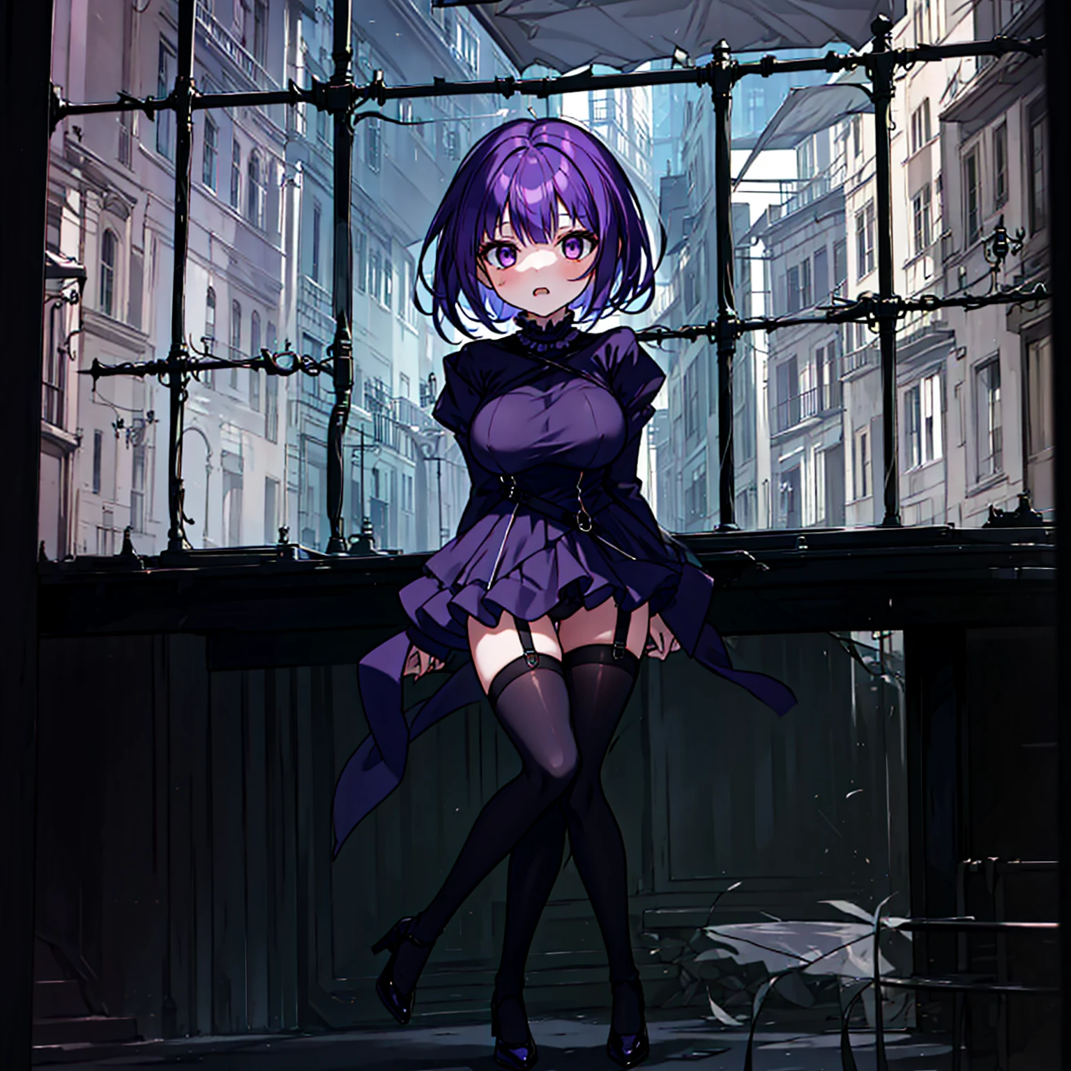 (solo), (1 skinny short girl:1.2), in the dark hall of mansion, (midnight), purple eyes over hair, Gothic Lolita, arms behind back, BREAK, (black short hair), (bursting huge breasts:1.2), (bouncing huge breasts:1.2), pale white skins, (skinny narrow waist), skinny legs, BREAK, (frilled layered black short dress), (frilled black cape), close chest, frilled long sleeve, show off thigh gap, (frilled black thighhighs:1.1), stiletto heels, BREAK, sad face, orgasm, coverd erectile nipples