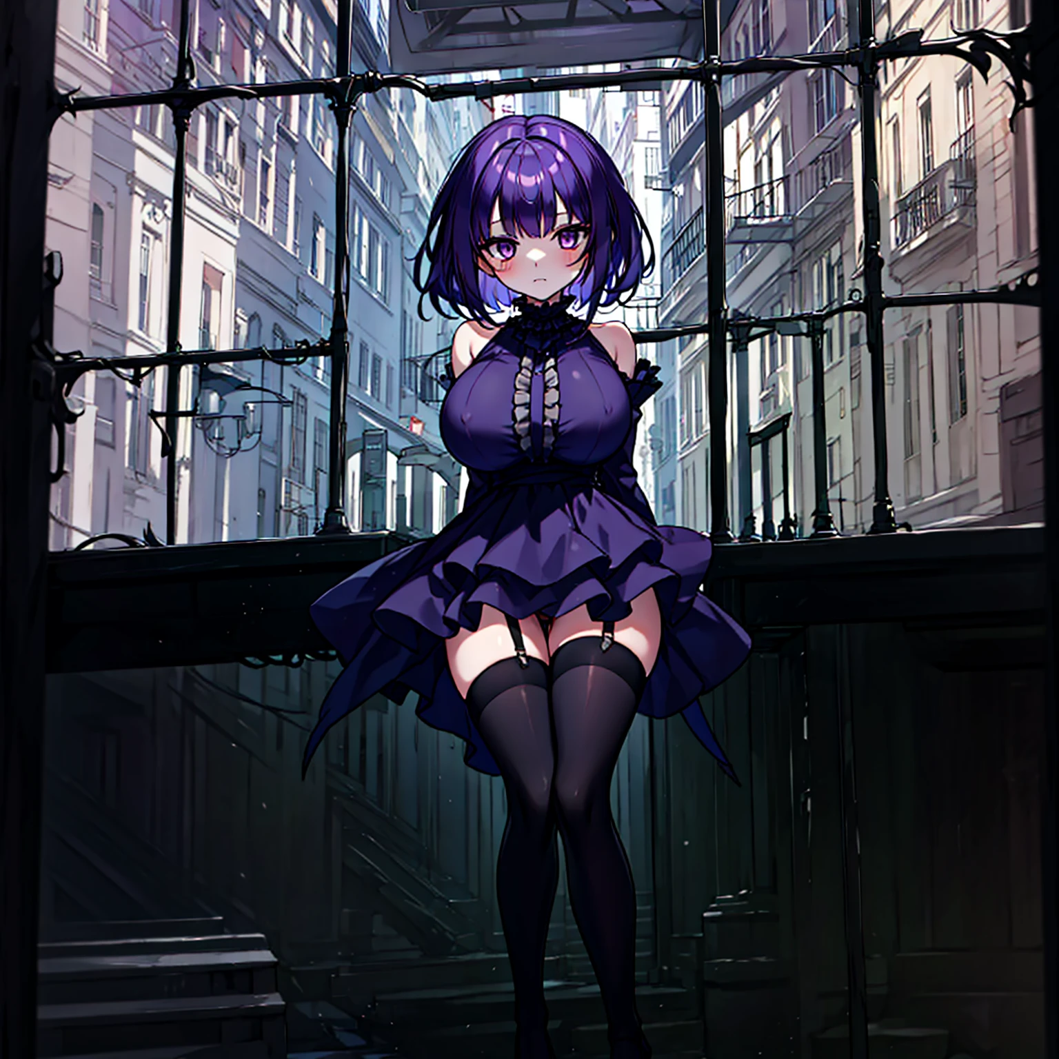 (solo), (1 skinny short girl:1.2), in the dark hall of mansion, (midnight), purple eyes over hair, Gothic Lolita, arms behind back, BREAK, (black short hair), (bursting huge breasts:1.2), (bouncing huge breasts:1.2), pale white skins, (skinny narrow waist), skinny legs, BREAK, (frilled layered black short dress), (frilled black cape), close chest, frilled long sleeve, show off thigh gap, (frilled black thighhighs:1.1), stiletto heels, BREAK, sad face, orgasm, coverd erectile nipples