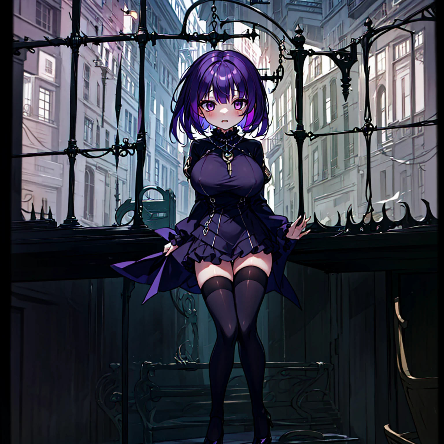 (solo), (1 skinny short girl:1.2), in the dark hall of mansion, (midnight), purple eyes over hair, Gothic Lolita, arms behind back, BREAK, (black short hair), (bursting huge breasts:1.2), (bouncing huge breasts:1.2), pale white skins, (skinny narrow waist), skinny legs, BREAK, (frilled layered black short dress), (frilled black cape), close chest, frilled long sleeve, show off thigh gap, (frilled black thighhighs:1.1), stiletto heels, BREAK, sad face, orgasm, coverd erectile nipples