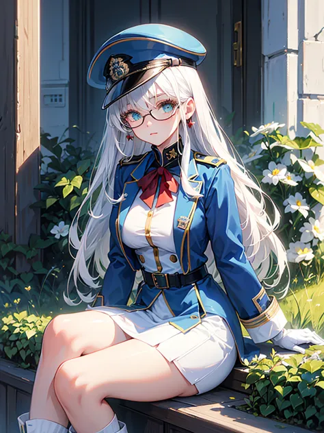 masterpiece, best quality, beautiful girl, white hair, green eyes color, dark blue military uniform, mature_female, eye_glasses,...