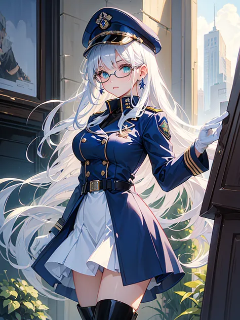 masterpiece, best quality, beautiful girl, white hair, green eyes color, dark blue military uniform, mature_female, eye_glasses,...