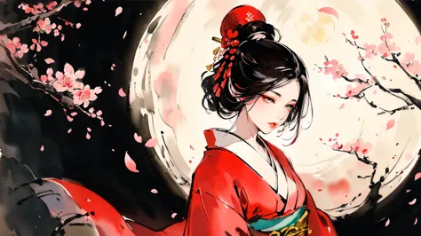 (((Oiran))),(((Prostitute))),(((Huge full moon))), (((Cherry blossom petals are falling))), Flashy kimono,hair ornaments, Scener...