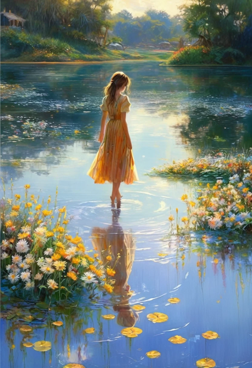 Imagen general: Línea del horizonte en el centro de la pantalla.. La niña camina de izquierda a derecha.. Su figura se refleja simétricamente en el agua.. estilo de pintura al óleo. La niña está en su adolescencia.. Ella lleva un vestido de una sola pieza..、falda pelo largo、La expresión de las flores ondeando al viento es tranquila..、Una atmósfera ligeramente melancólica Un ramo de flores en la mano Un horizonte Un cielo al amanecer o al atardecer El límite entre el mar y el cielo se difumina Una superficie de agua tranquila y serena con algunas nubes flotantes La niña&#39;La figura de s se refleja como un espejo. Las ondas se extienden sobre la superficie del agua. Sería bueno tener montañas o bosques de fondo. Colores suaves en general.、Utilice luces y sombras de forma eficaz para crear una atmósfera agradable.、Agregar profundidad